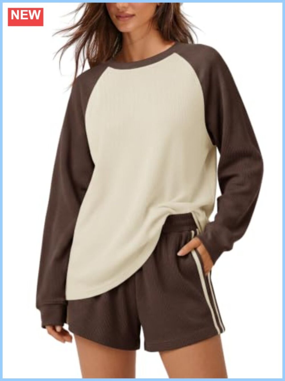 Waffle Knit 2 Piece Shorts Set Long Sleeve Lounge Travel Outfit